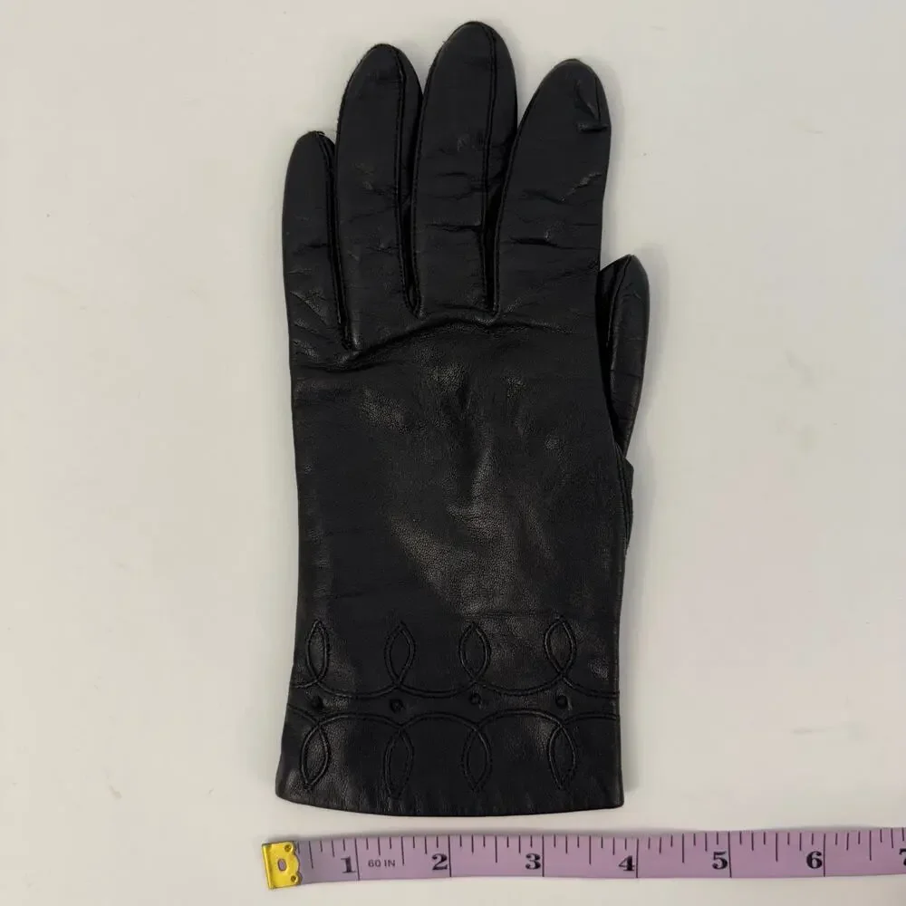 Fownes Vintage Black Leather Gloves with Antron Nylon Lining Women’s Size 7